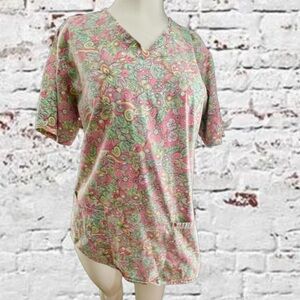 Nu Dimension “Stretch” Pastel Floral Pink Green Yellow Scrub Top, Sz Med.